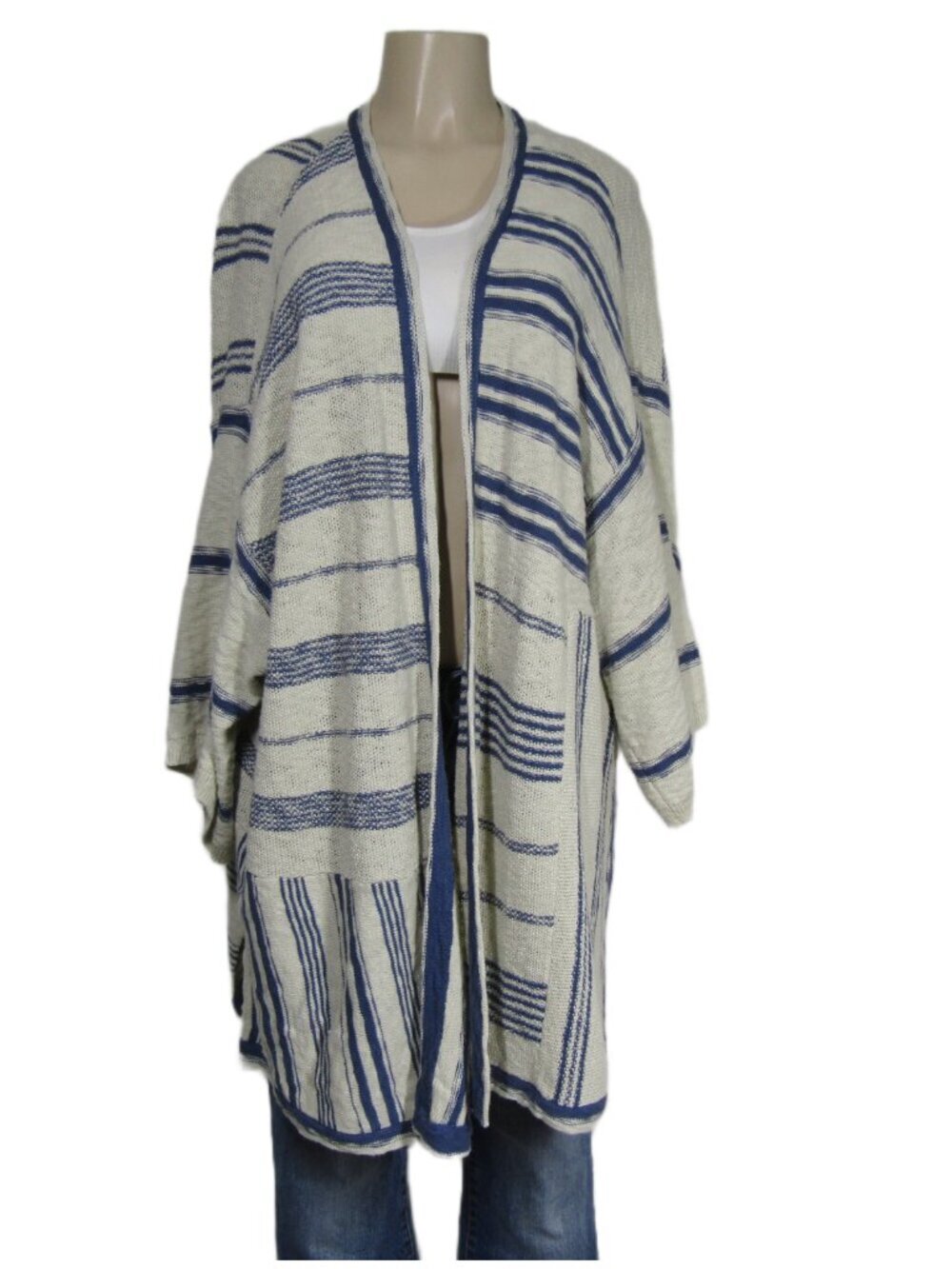 PURE JILL Striped Coastal Beachy Open Front Cardigan Sweater Blue Cream 2X